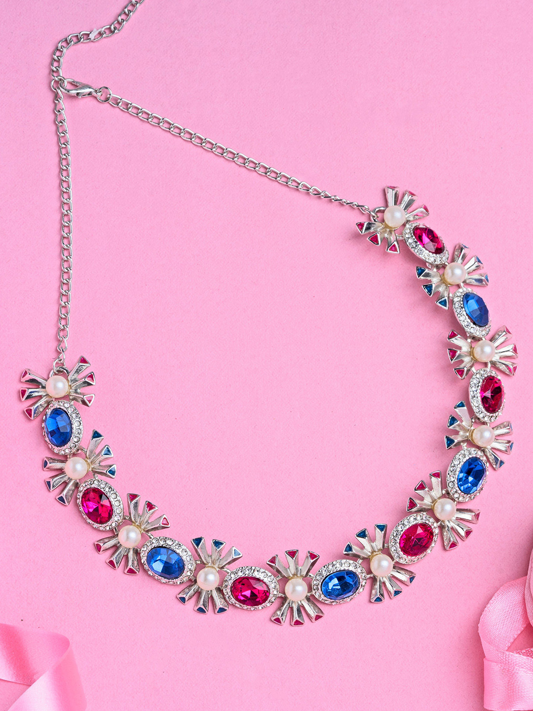 Estele Silver & Red Studded Statement Necklace