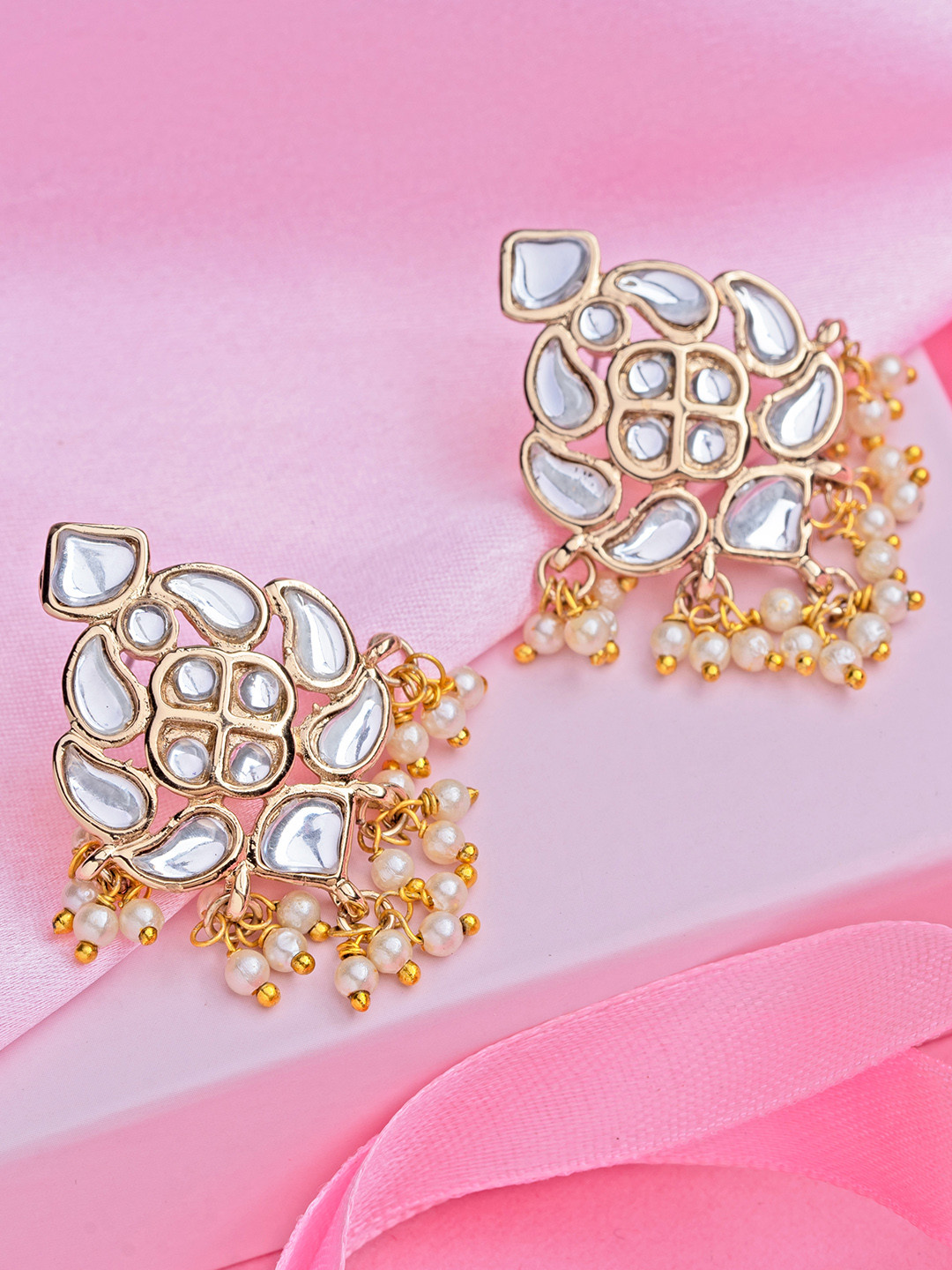 Estele White & Gold-Plated Crescent Shaped Drop Earrings