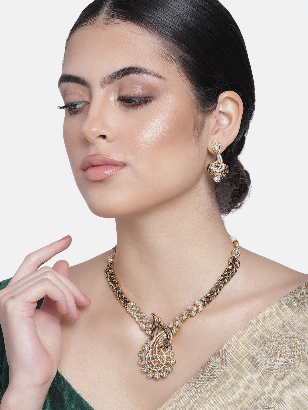 Estele Gold Plated Traditional Antique Paisley Fern Designer Necklace Set for Women