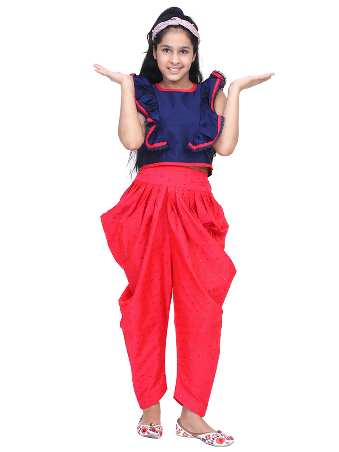 ADIVA Girls Red & Navy Blue Top with Patiala