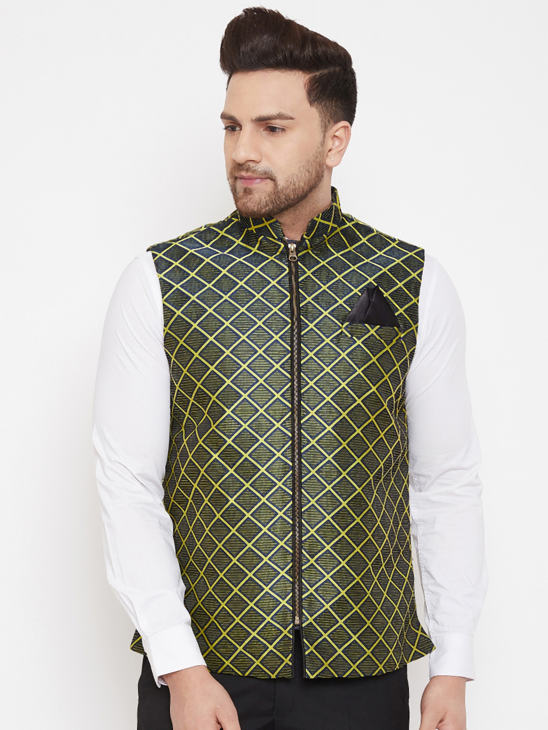VASTRAMAY Men's Green and Black Checked  Jute Woven Zipper Nehru Jacket