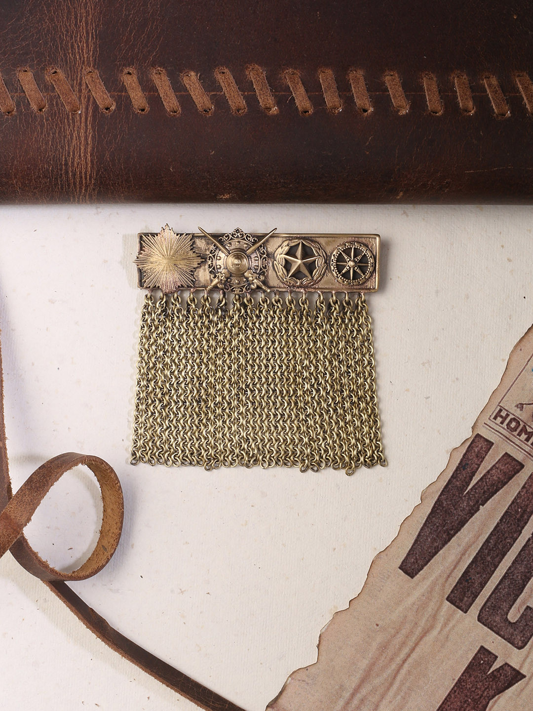 COSA NOSTRAA Men Antique Gold-Toned The Strong Army Chained Statement Brooch