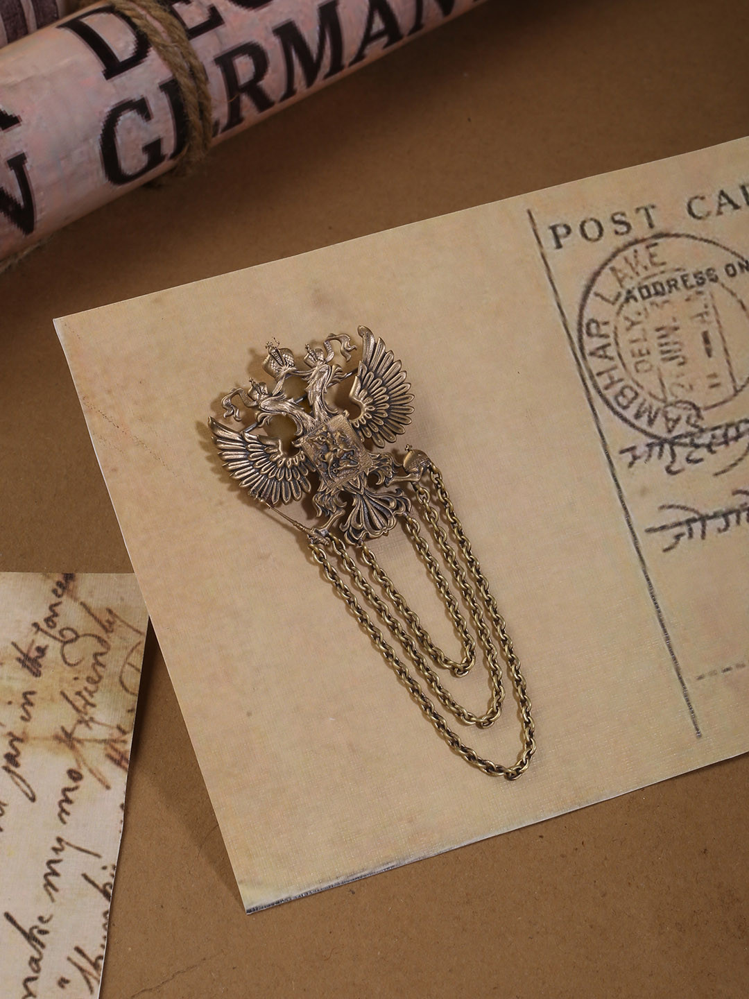 COSA NOSTRAA Men Antique Gold-Toned Duo Phoenix Shaped Statement Brooch