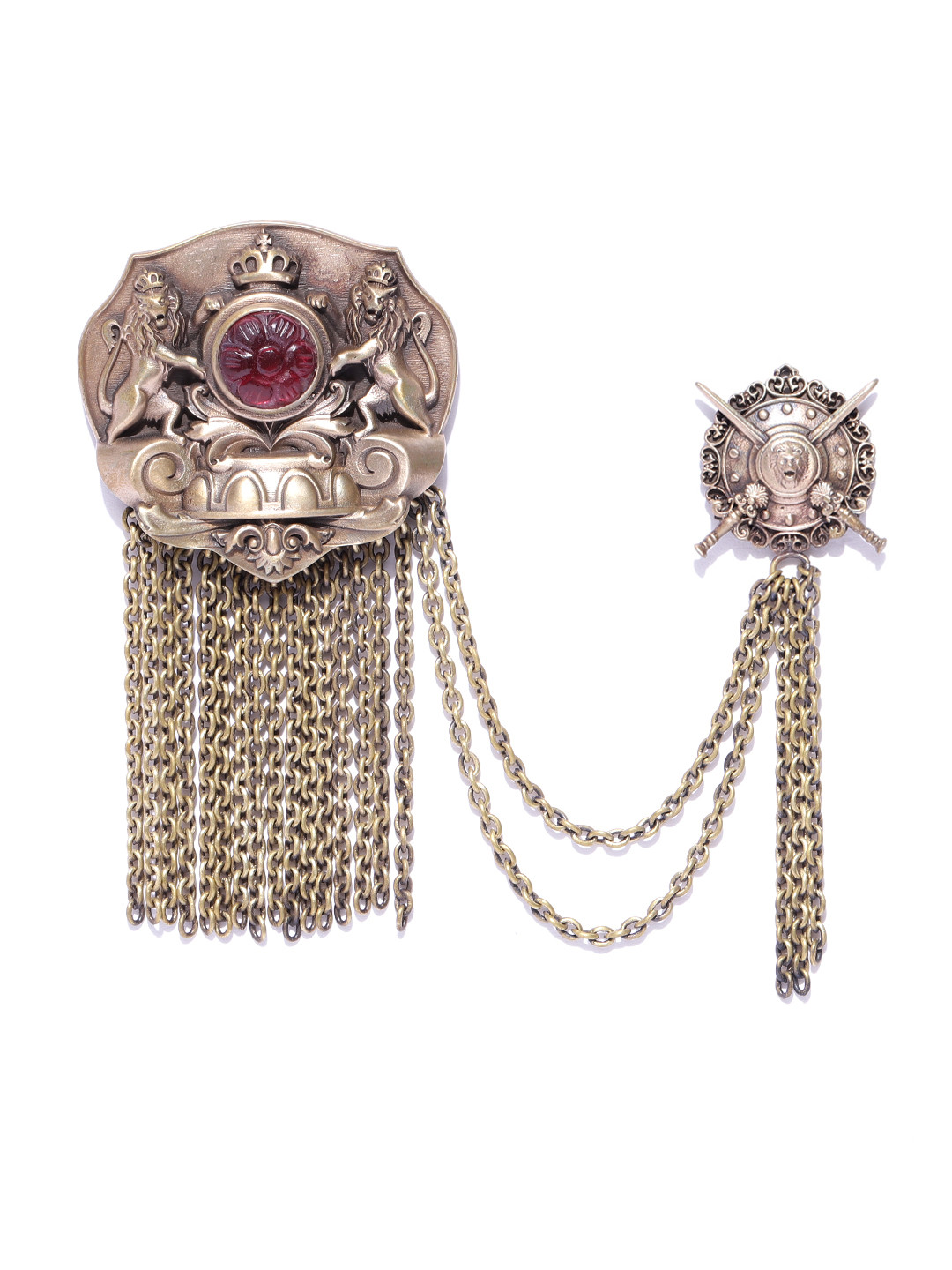 COSA NOSTRAA Men Antique Gold-Toned & Red Stone Studded The Royal Club Statement Brooch