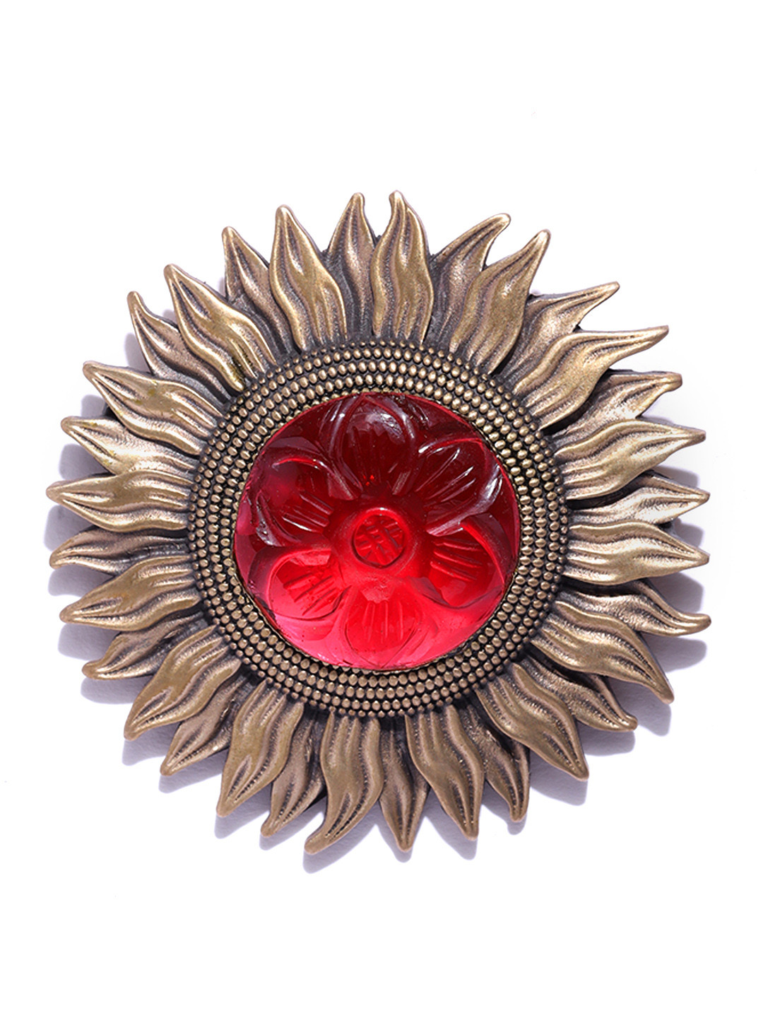 COSA NOSTRAA Men Antique Gold-Toned & Red The Bloomed Sunflower Shaped Statement Brooch