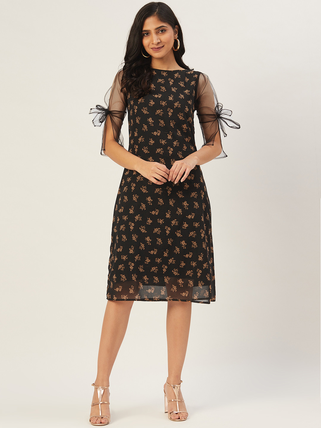 DODO & MOA Women Black & Beige Floral Print A-Line Dress