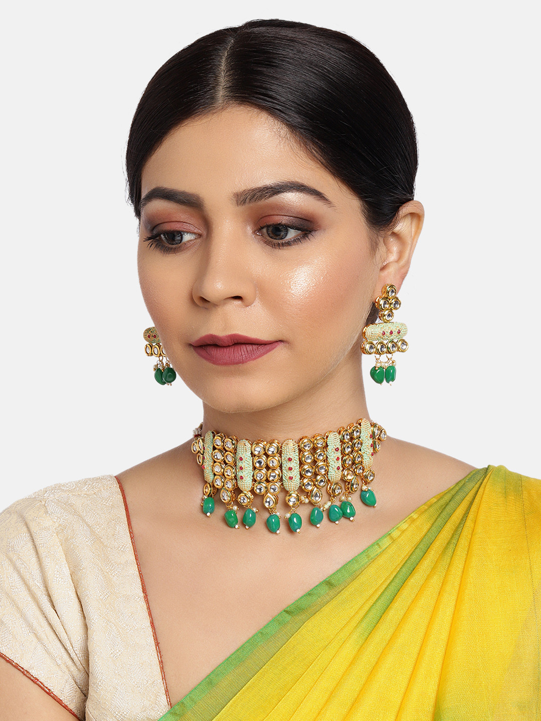 Zaveri Pearls Gold-Plated & Green Kundan Studded Jewellery Set