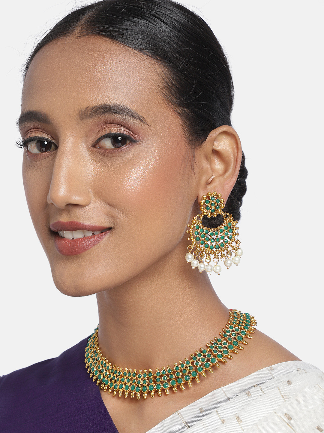 Zaveri Pearls Green & Gold-Plated South Indian Style Necklace & Earring Set