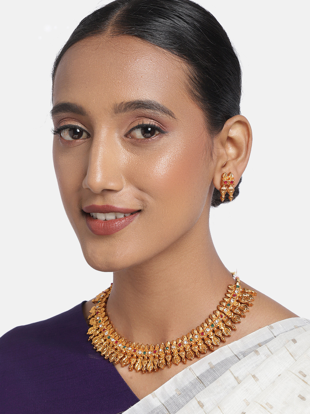 Zaveri Pearls Gold-Plated Stone Studded South Indian Style Necklace & Earring Set