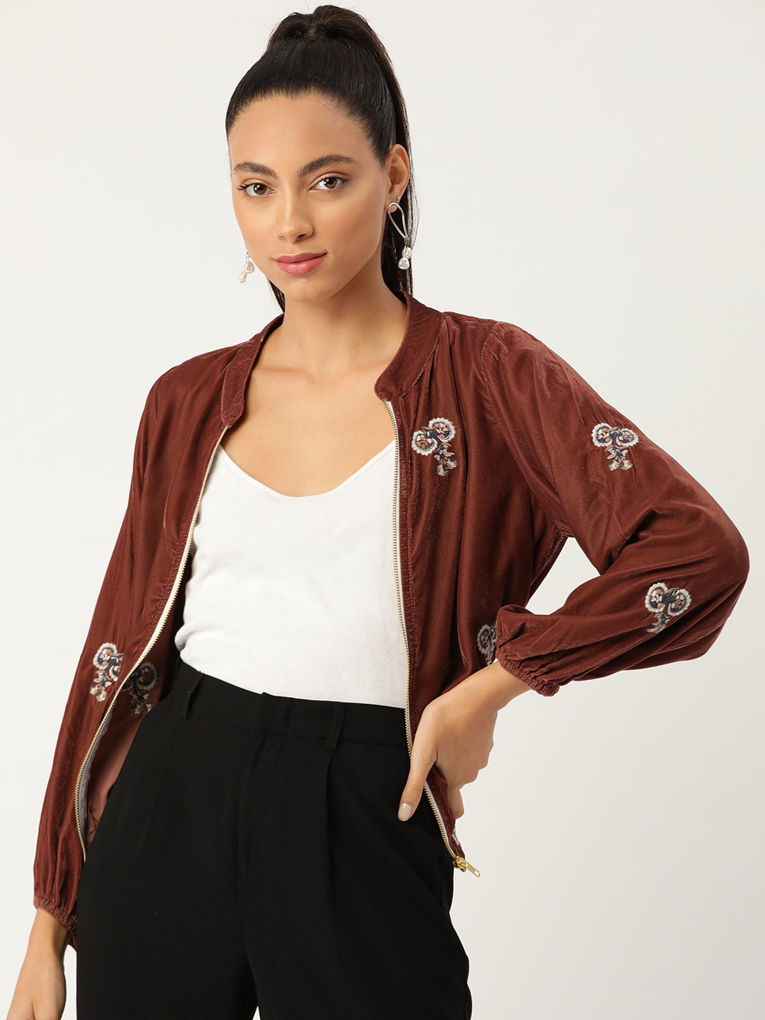 Antheaa Women Brown Solid Tailored Jacket with Embroidered Detail