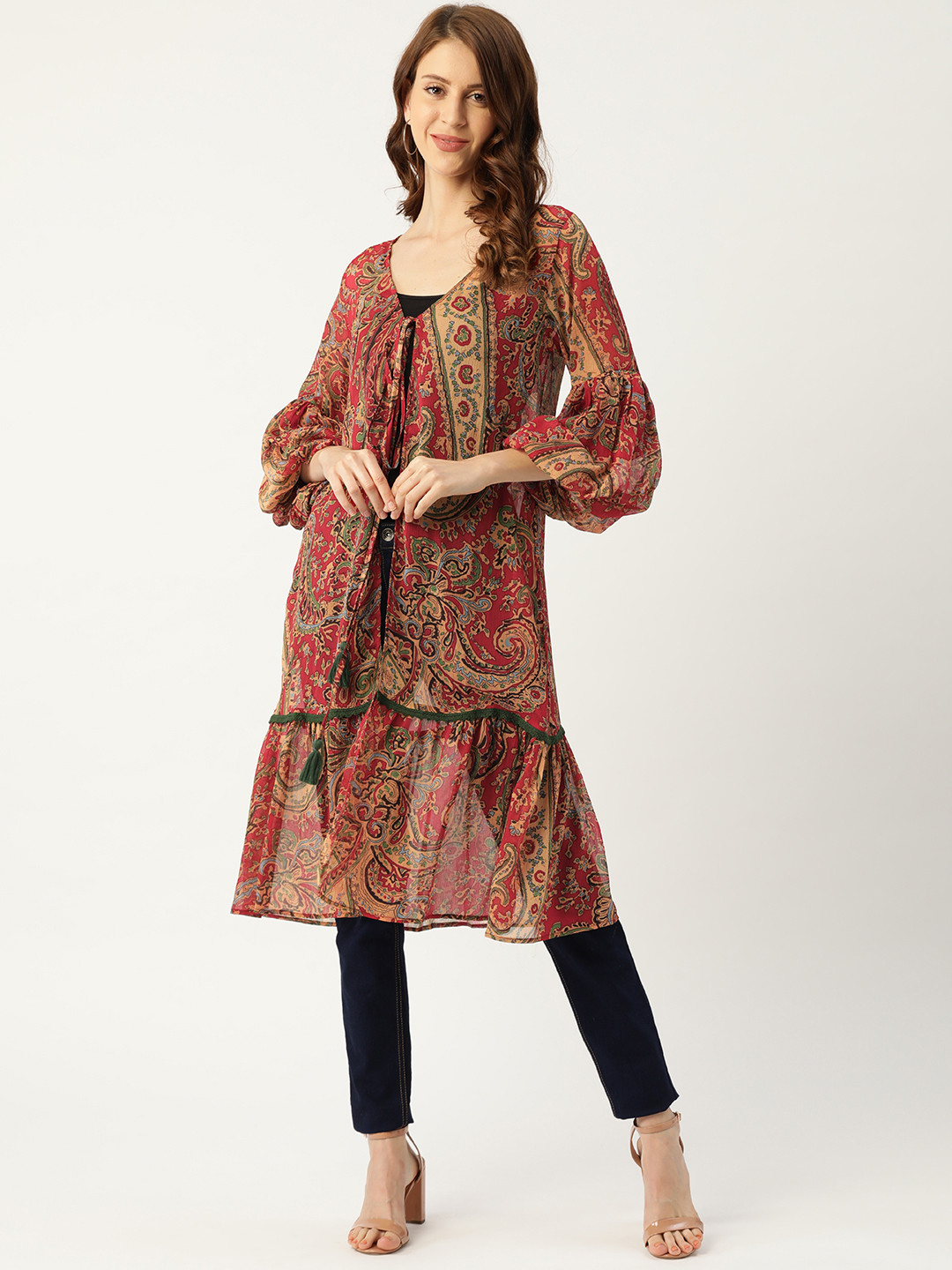 Antheaa Women Red & Green Semi-Sheer Paisley Print Tie-Up Shrug
