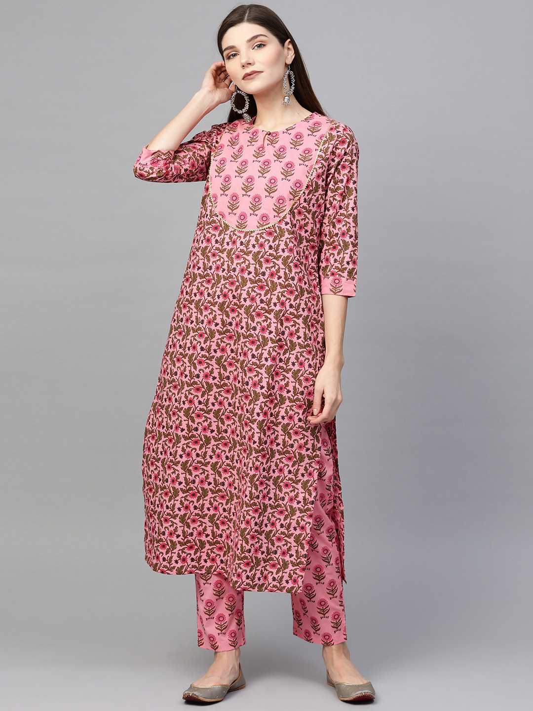 Sringam Women Pink & Olive Green Printed Kurta with Trousers