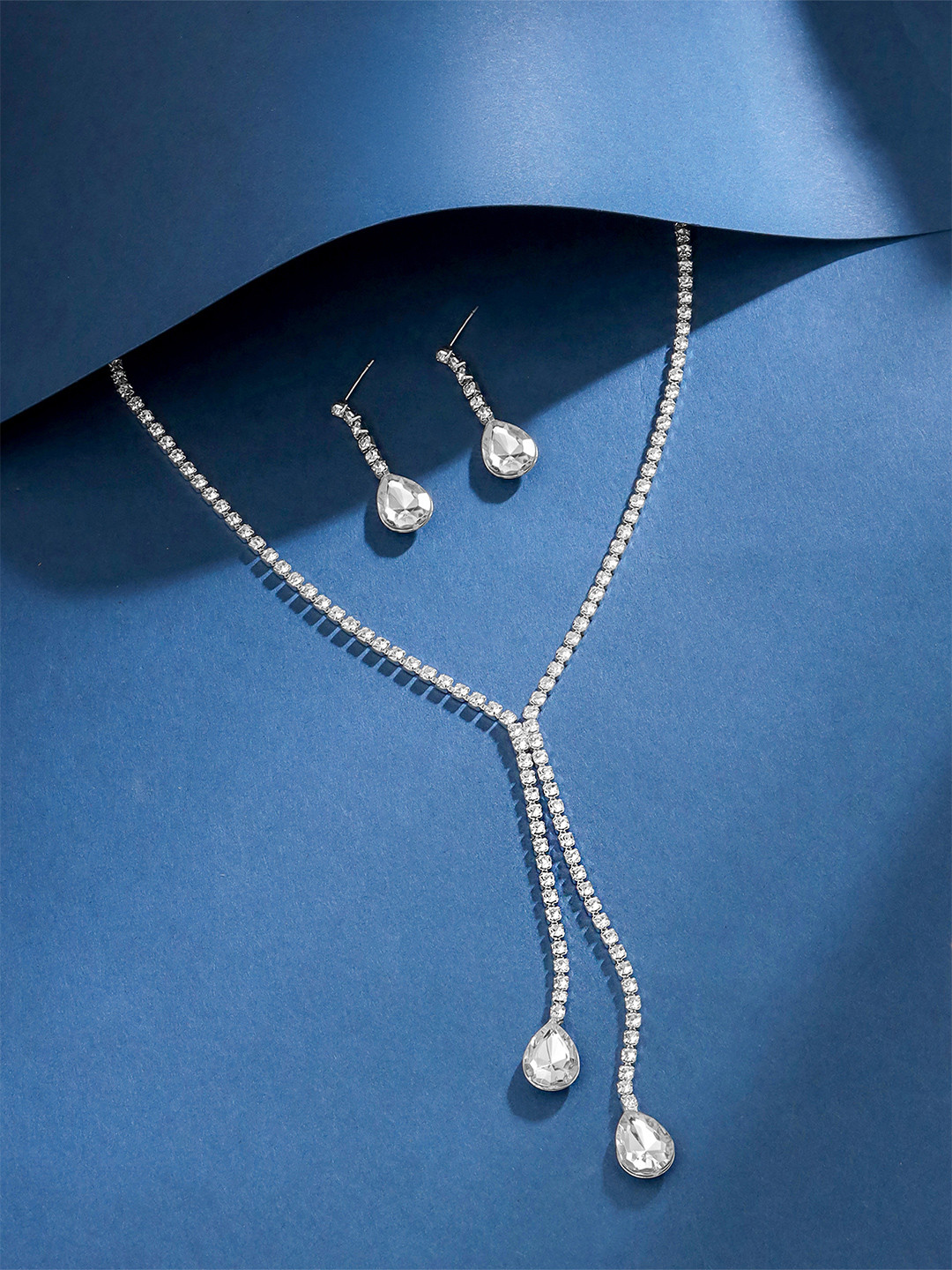 Yellow Chimes Silver-Plated & White CZ-Studded Teardrop-Shaped Jewellery Set