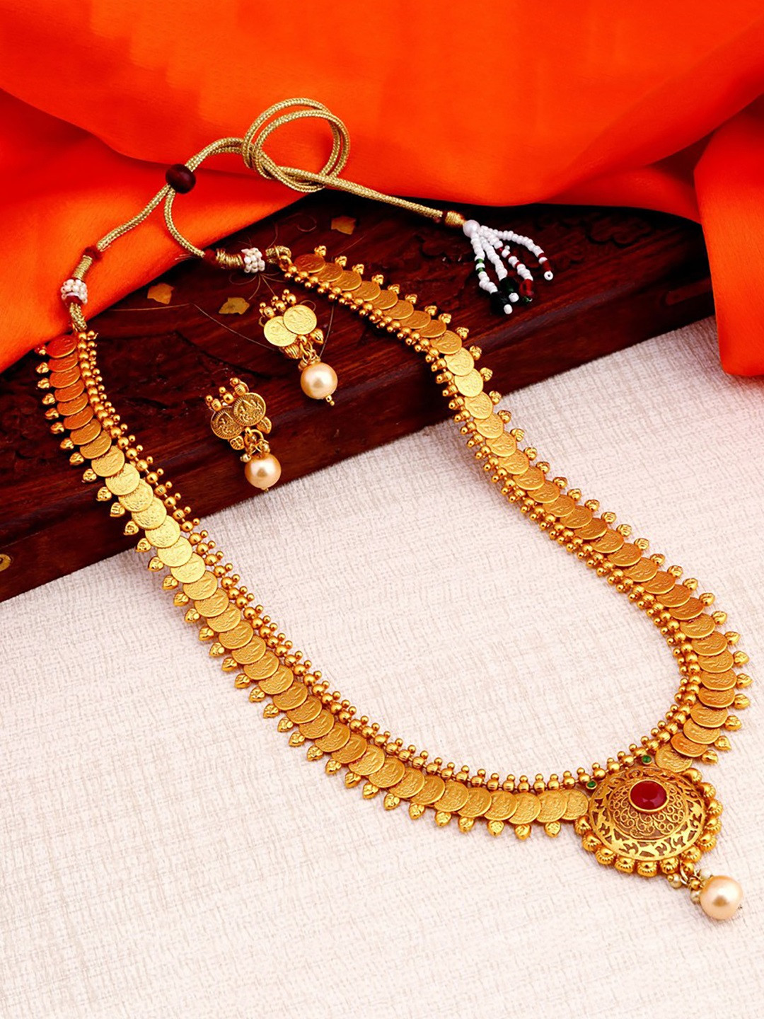 Sukkhi Gold-Plated & Maroon Stone-Studded Temple Coin Jewellery Set