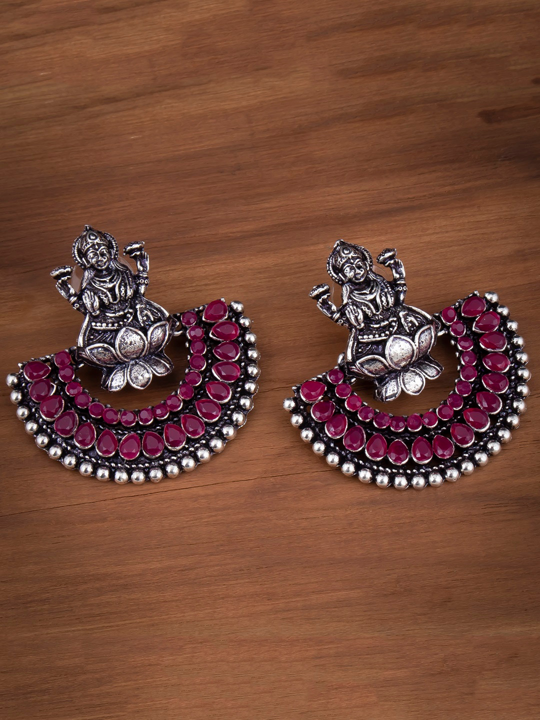 Sukkhi Rhodium-Plated & Pink Crescent Shaped Chandbalis