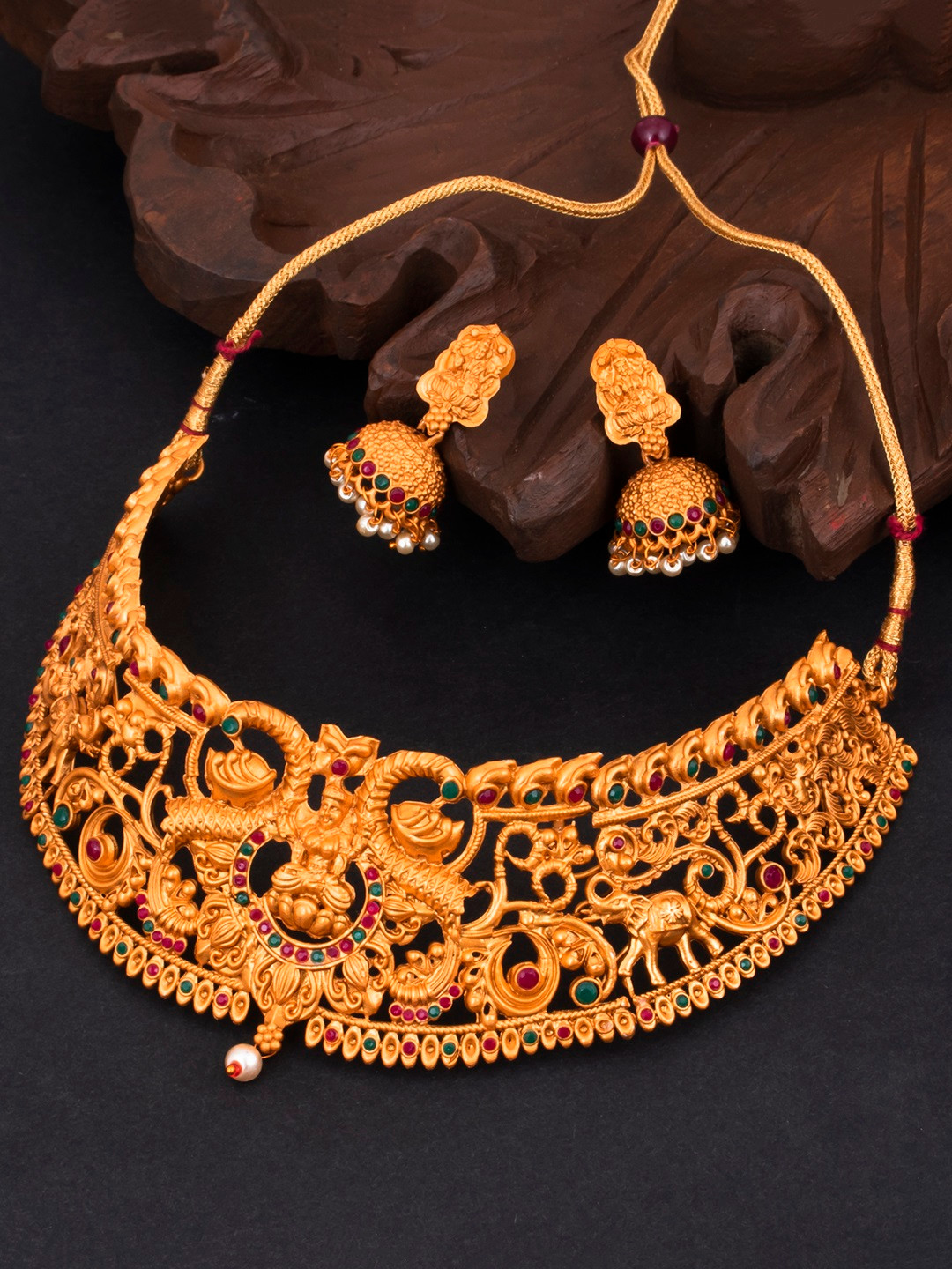 Sukkhi Gold-plated Green & Pink Pearl Studded Antique Jewellery Set