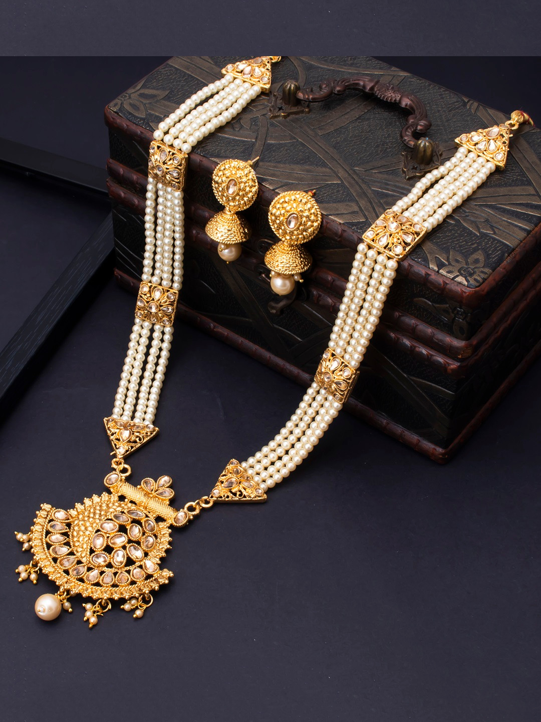 Sukkhi Gold-Plated White & Tan Brown Stone-Studded Pearl Beaded Jewellery Set