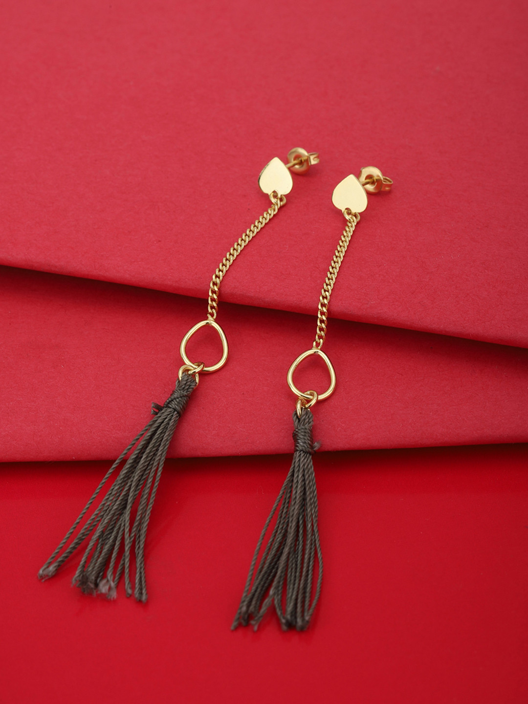 Carlton London Grey Gold-Plated Tasselled Heart-Shaped Drop Earrings