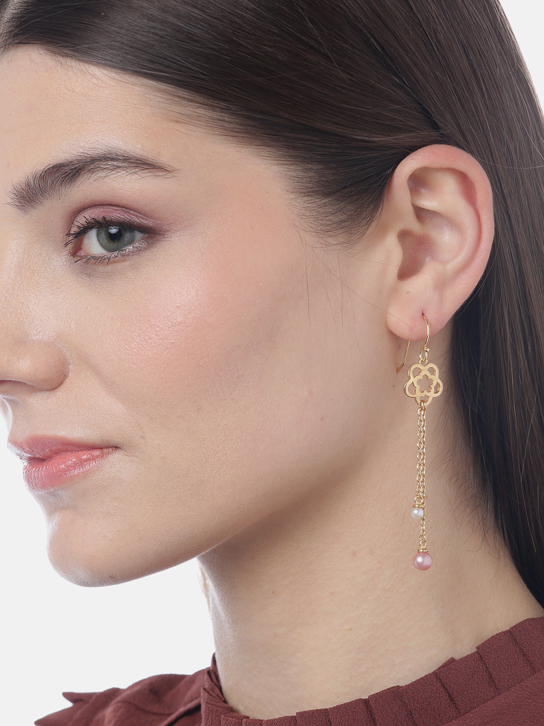 Carlton London White & Pink Gold-Plated Beaded Tasselled Floral Drop Earrings