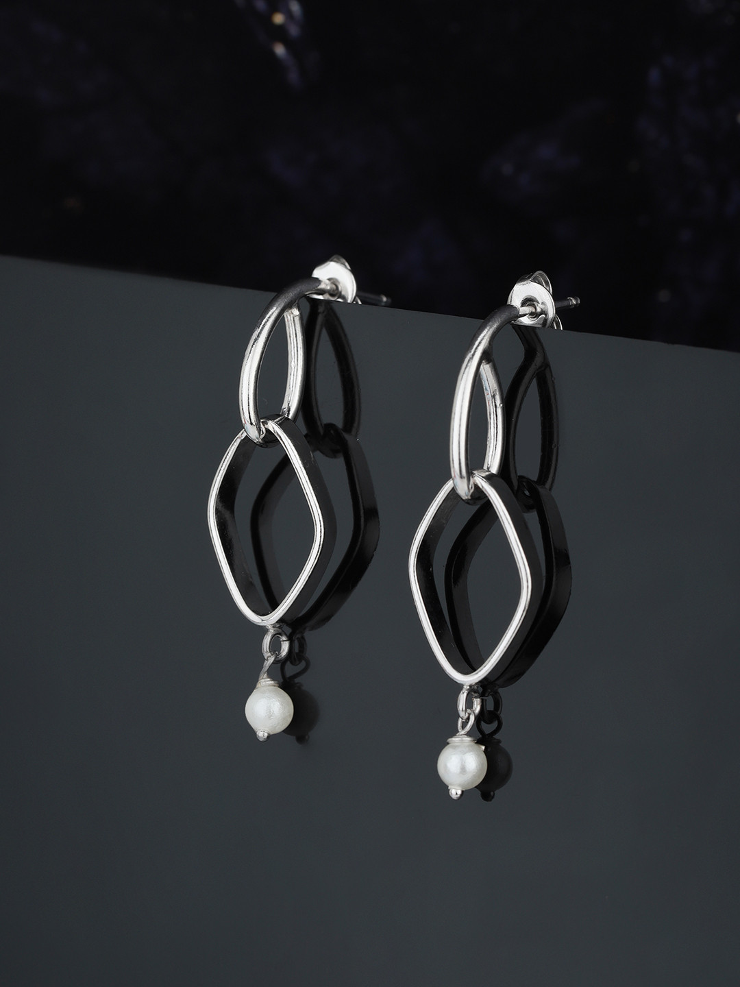 Carlton London Silver-Toned & White Rhodium Plated Beaded Diamond Shaped Drop Earrings