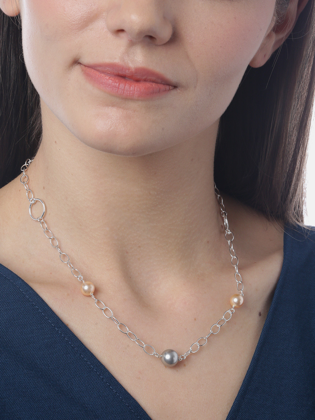 Carlton London Off-White & Silver-Toned Rhodium-Plated Beaded Necklace