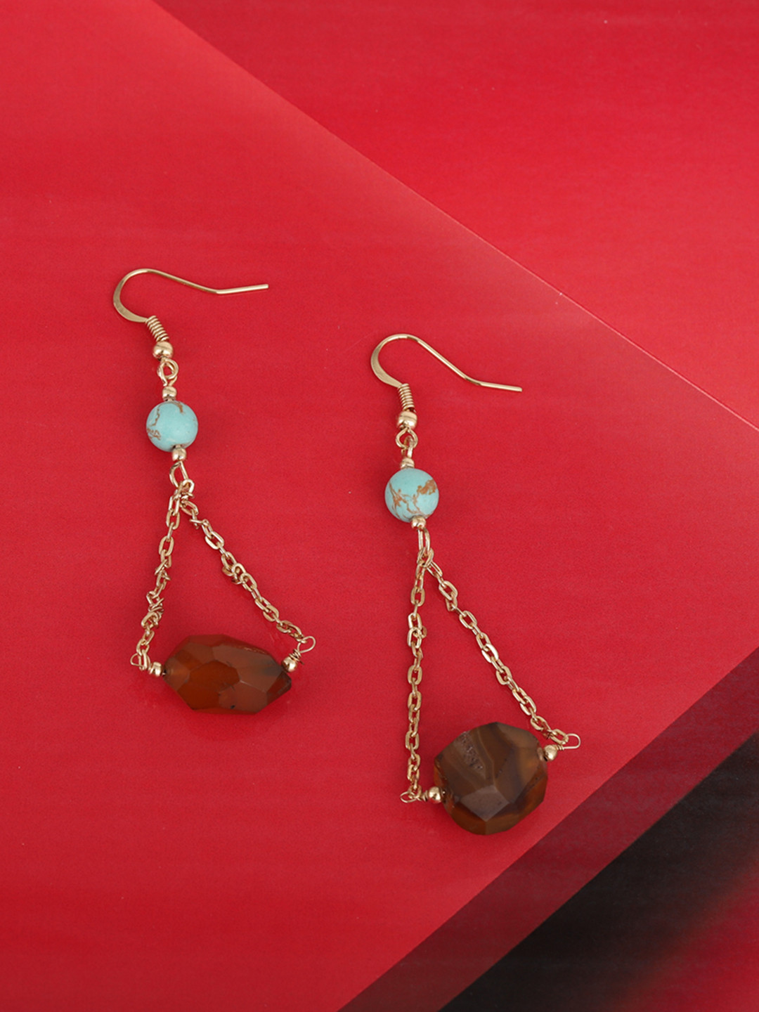 Carlton London Brown & Blue Gold-Plated Beaded Contemporary Drop Earrings