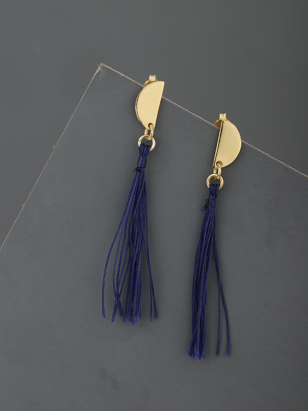 Carlton London Navy Blue Gold-Plated Tasselled Contemporary Drop Earrings