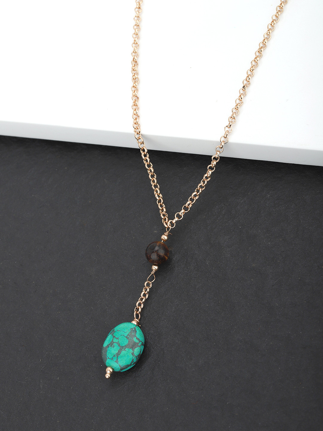 Carlton London Turquoise Blue & Brown Gold-Plated Beaded Necklace