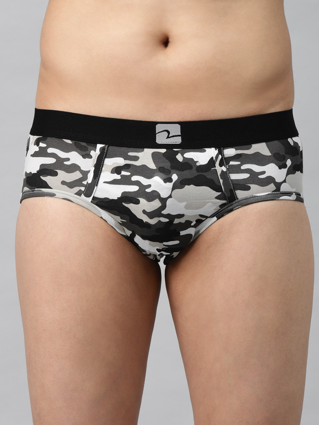 UnderJeans by Spykar Men Black & Grey Camouflage Print Basic Briefs 8907966422506