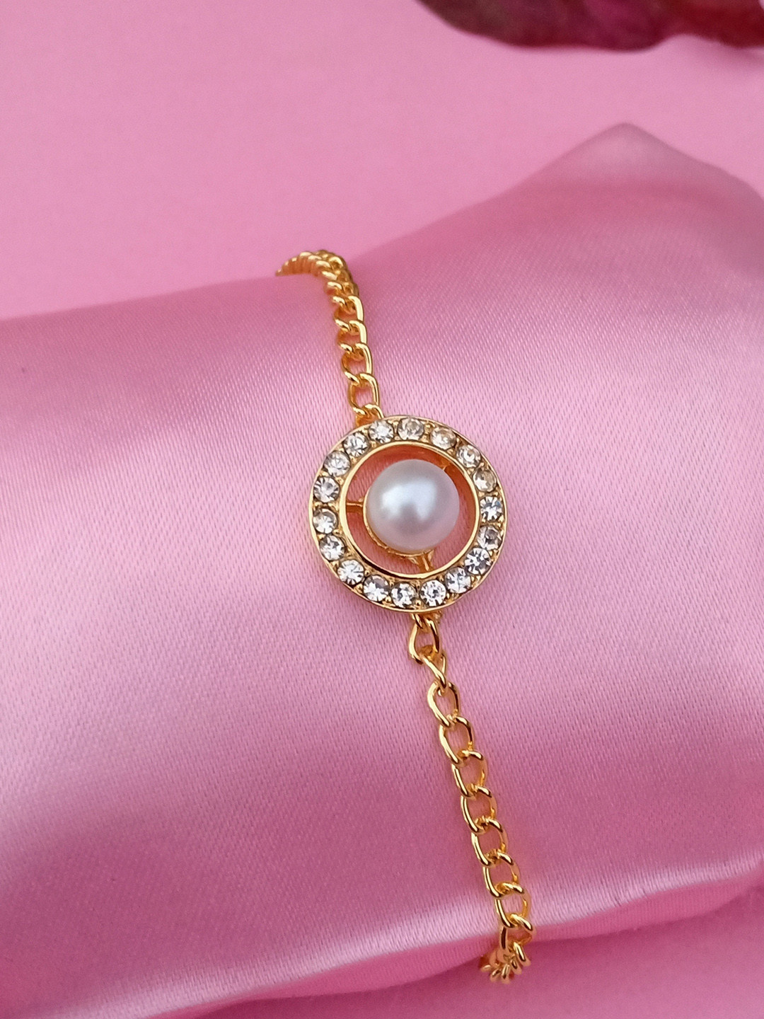 Estele Gold & White Pear Studded Link Bracelet