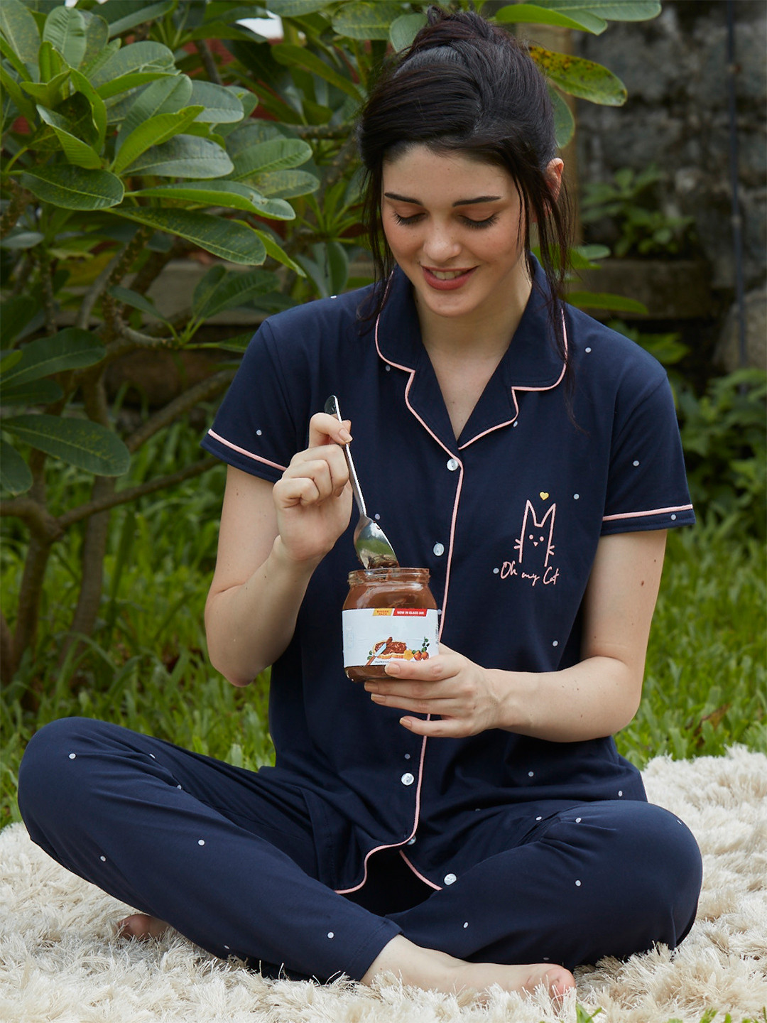 Zeyo Women Navy Blue & White Printed Night suit