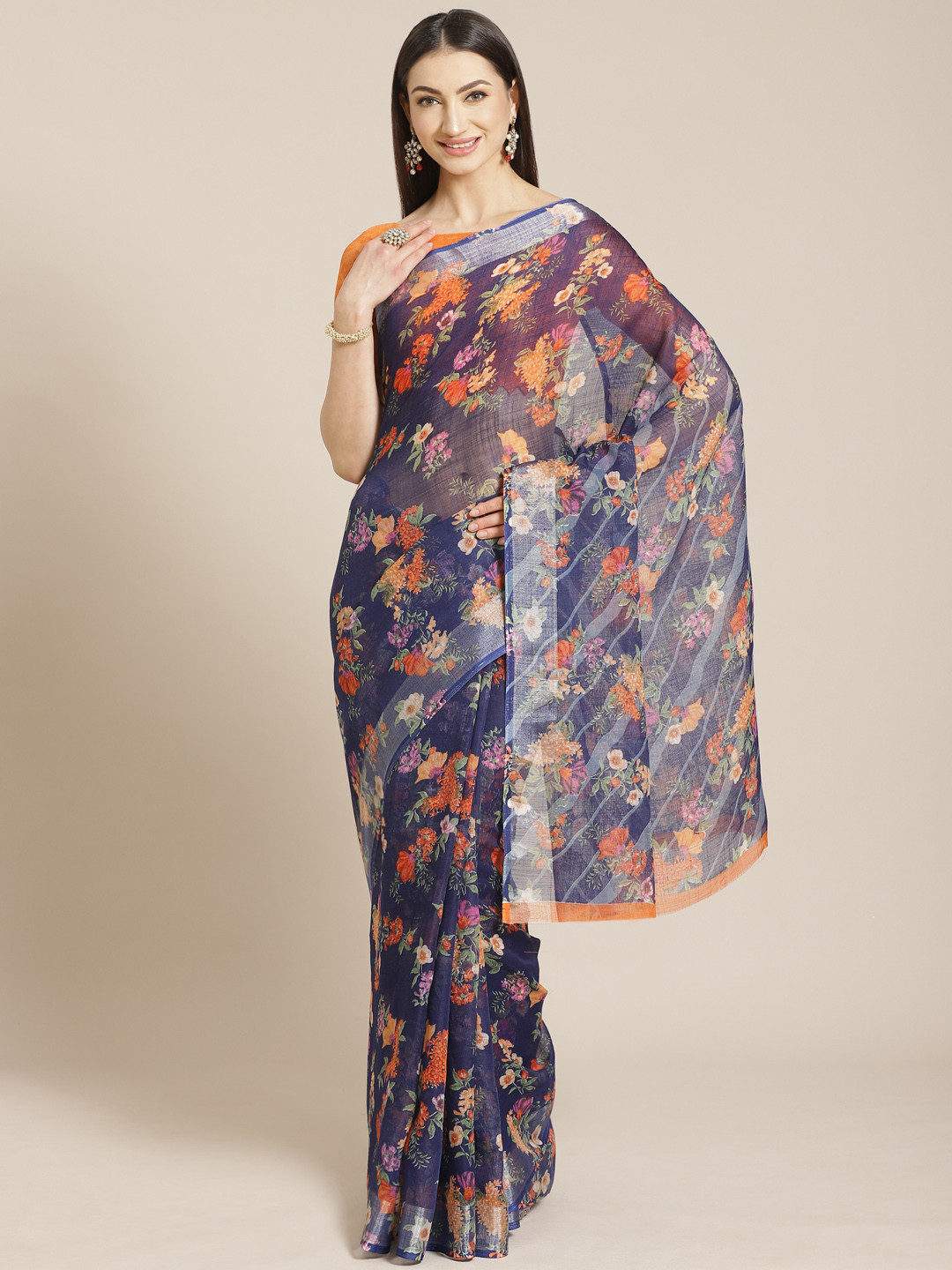 Saree mall Blue & Orange Floral Print Saree with Matching Blouse