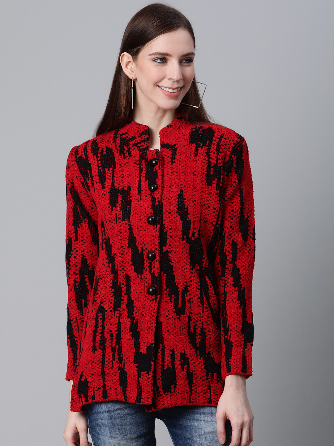 Cayman Women Red & Black Abstract Self Design Longline Cardigan Sweater
