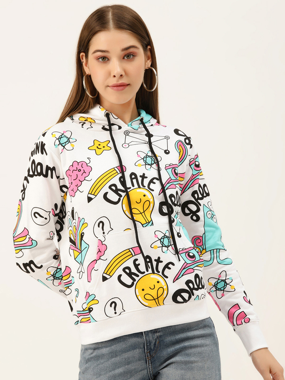 The Dry State Women White & Black Quirky Printed Pure Cotton Hooded Sweatshirt