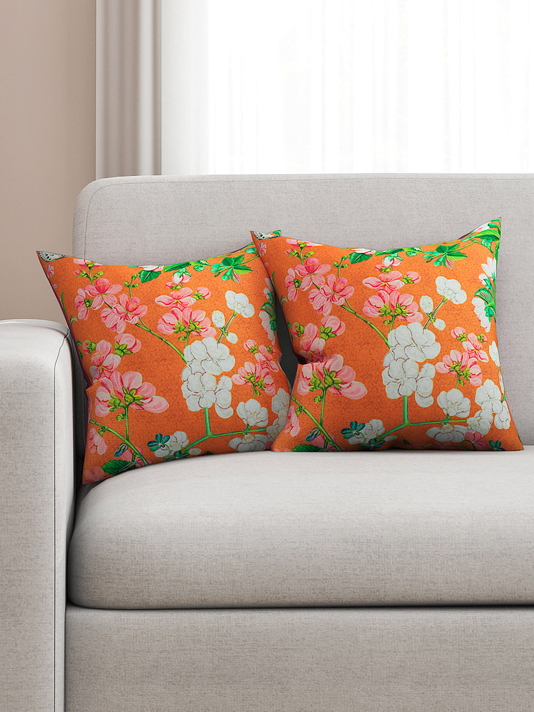 SEJ by Nisha Gupta Orange Floral Cotton HD Digital 2 Piece Square Cushion Covers -16x16In
