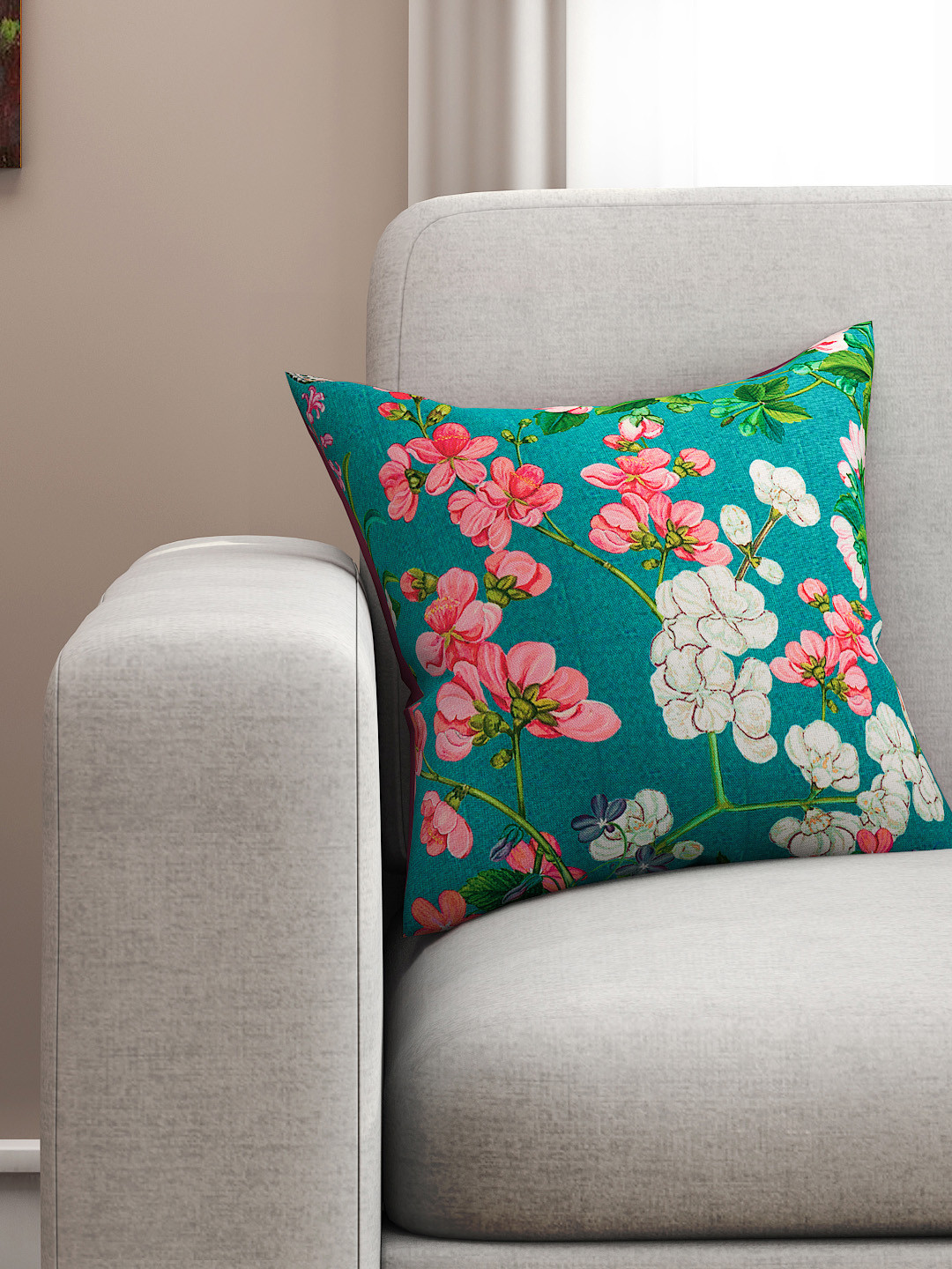SEJ by Nisha Gupta Digital Print Floral Cotton HD Digital Square Cushion Cover -16x16In