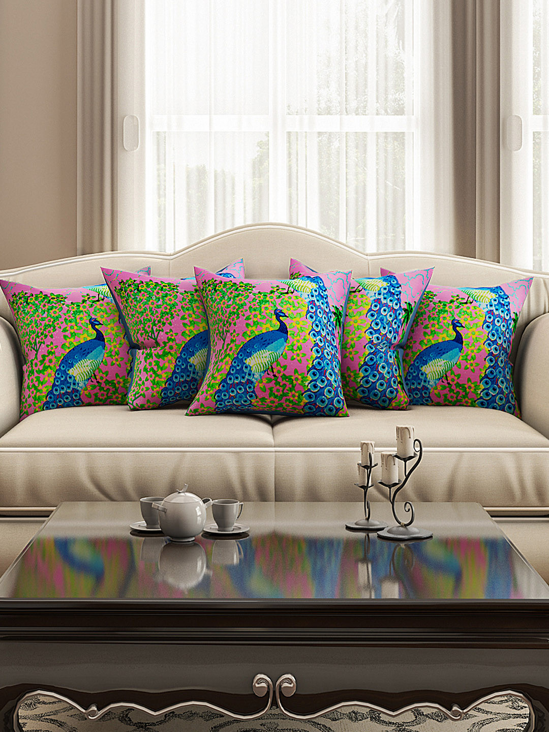 SEJ by Nisha Gupta Abstract Pink Floral Cotton Breathable 5 Pcs Cushion Covers -16x16In