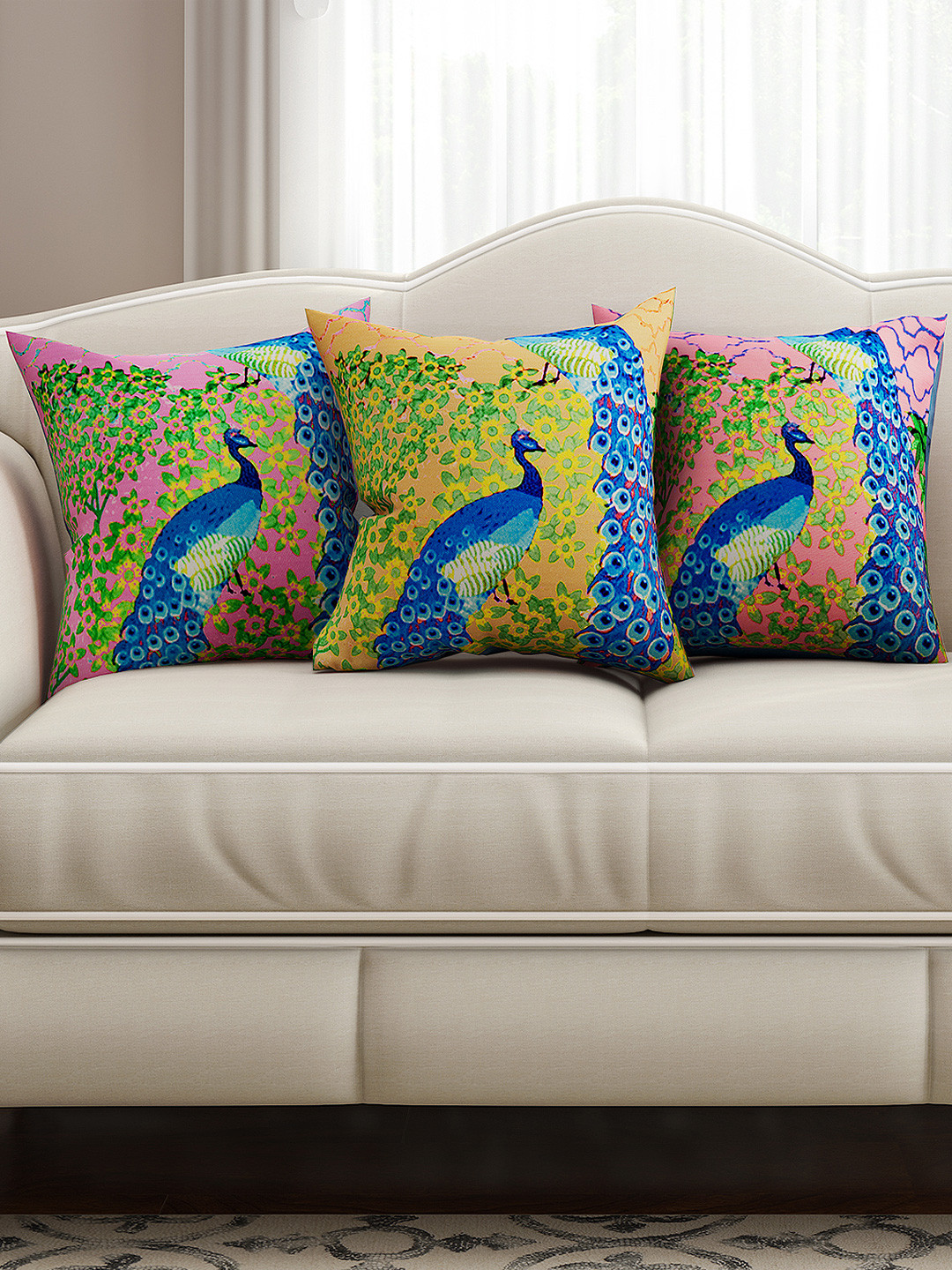 SEJ by Nisha Gupta Ethnic Motifs Cotton HD Digital 3 Pcs Square Cushion Covers -16x16In