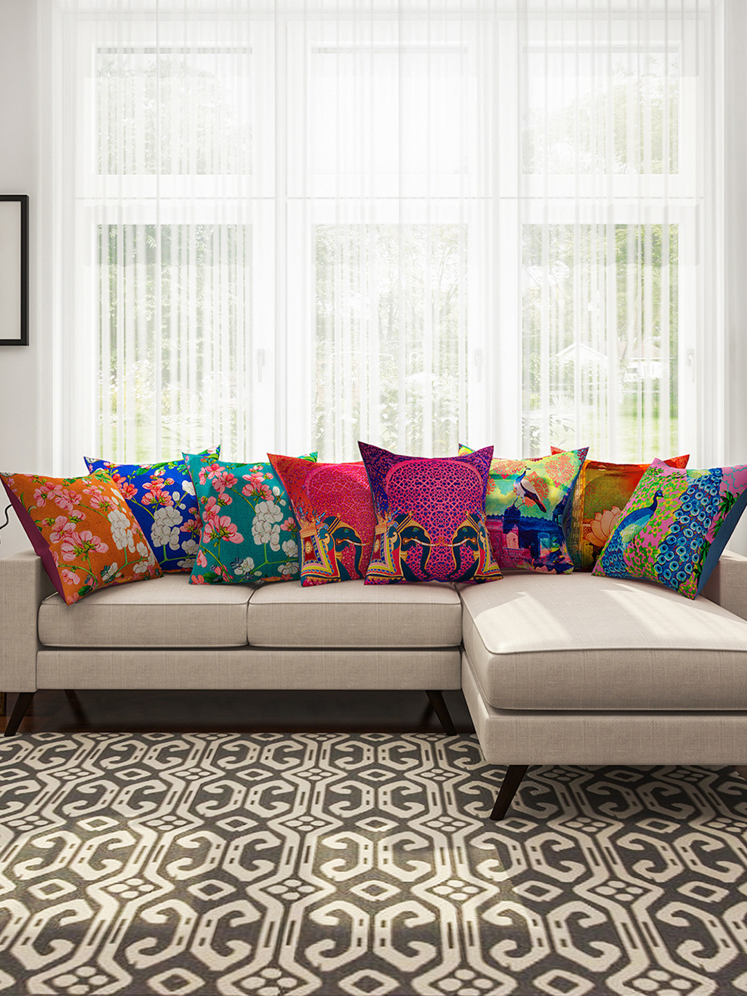 SEJ by Nisha Gupta Abstract Floral Cotton HD Digital 8 Pcs Square Cushion Covers -16x16In