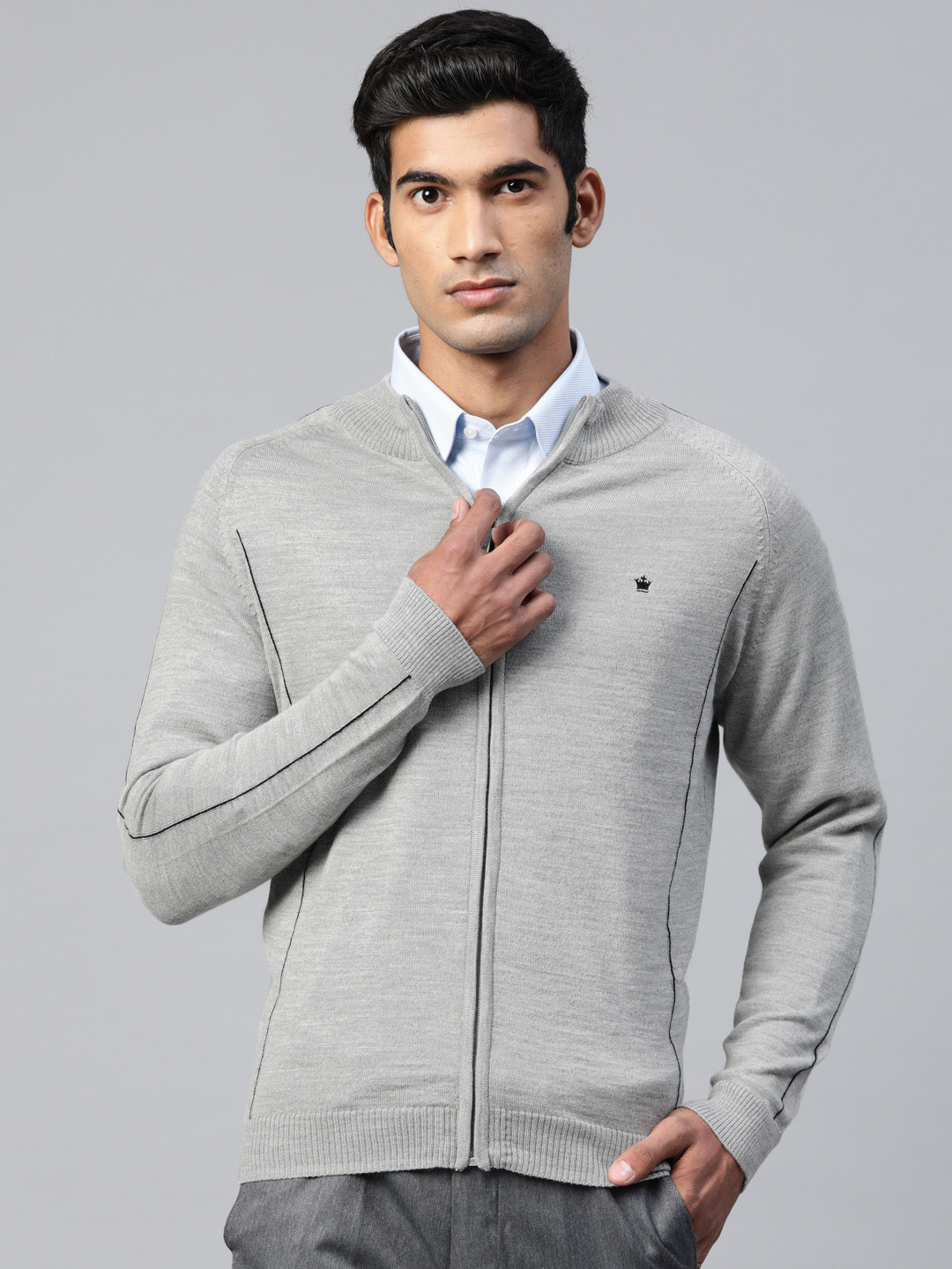 Louis Philippe Men Grey Melange Solid Cardigan Sweater