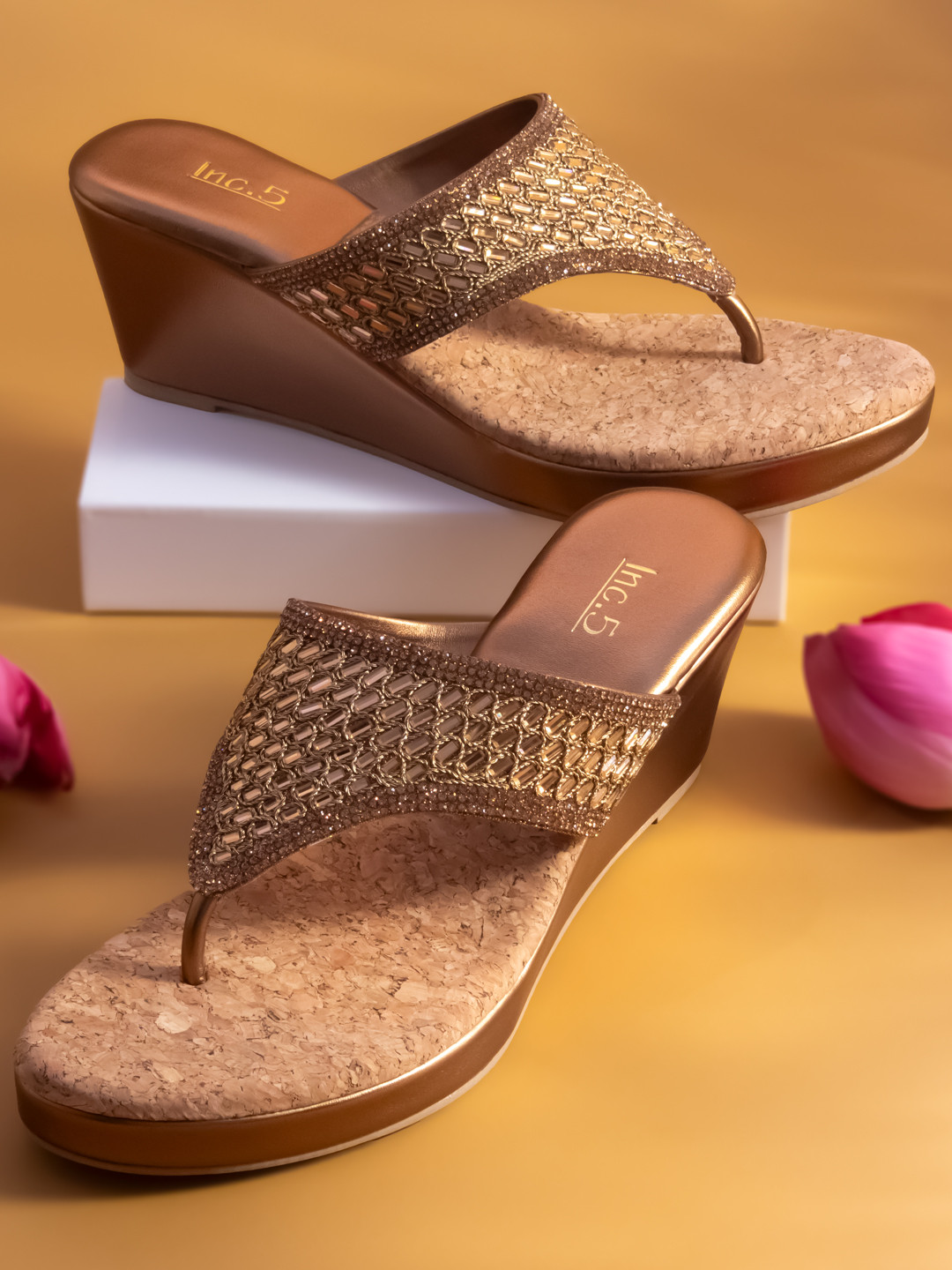 Inc 5 Women Gold-Toned Embellished Sandals
