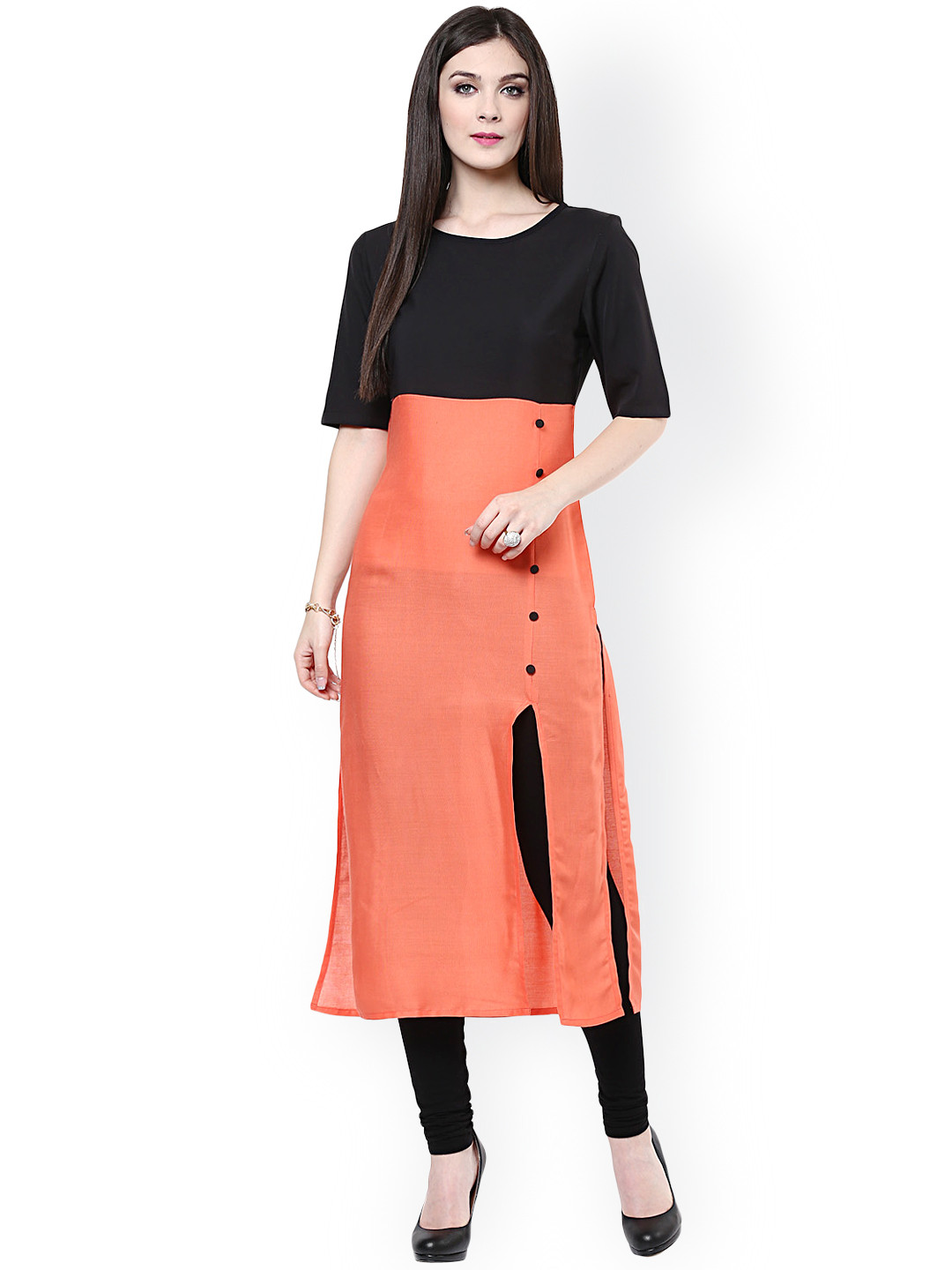 Pannkh Black & Coral Orange Colourblocked Kurta