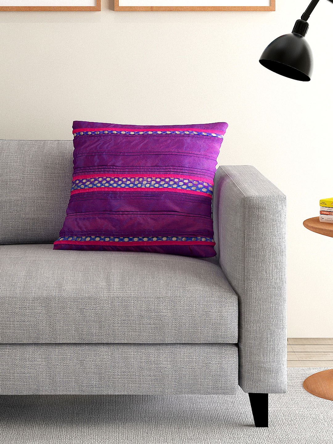 ANS Purple Striped Polydupion Washable Textured Square Cushion Cover -16x16In