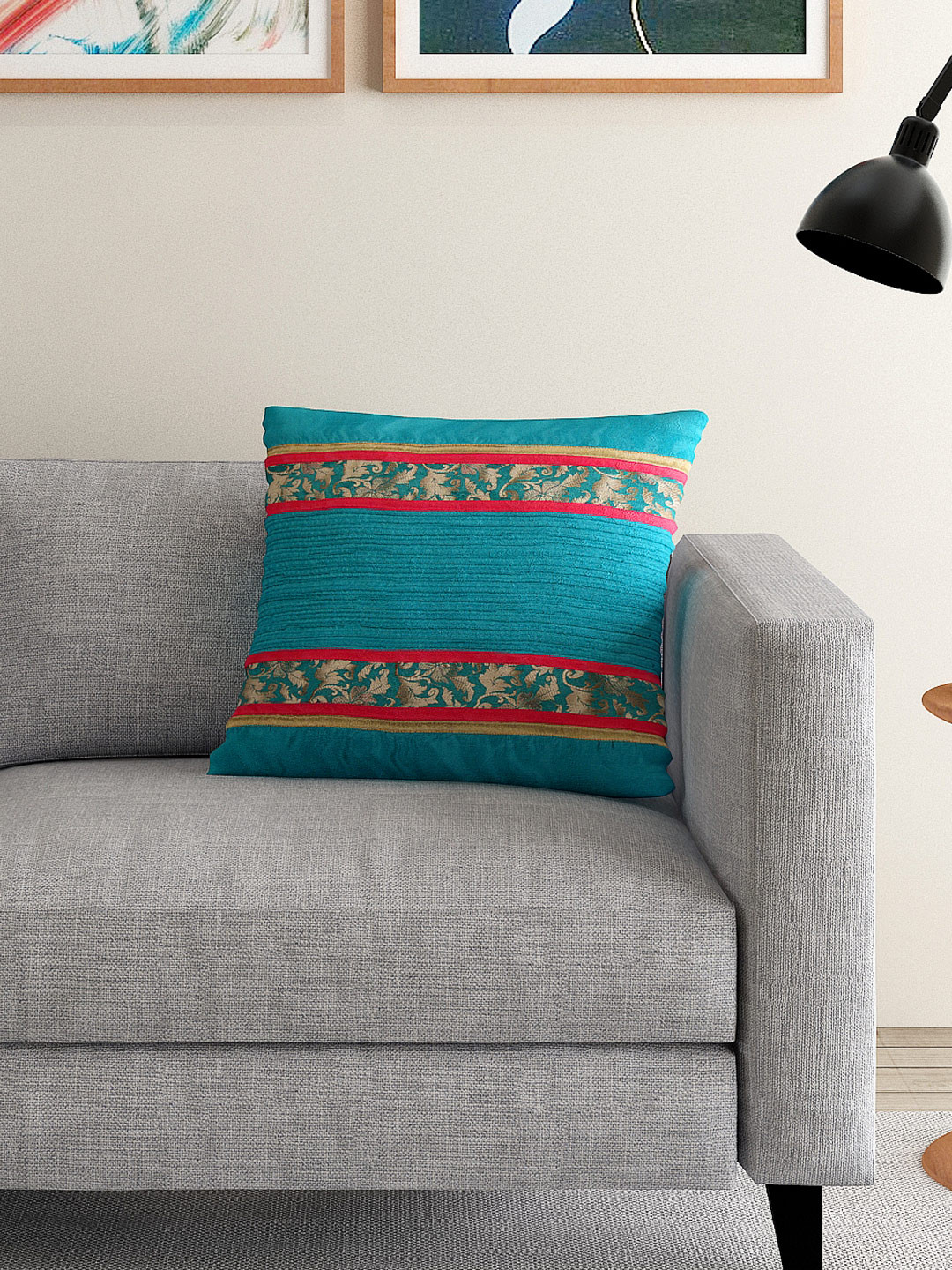 ANS Teal Green Single Brocade 16'' x 16'' Square Cushion Cover