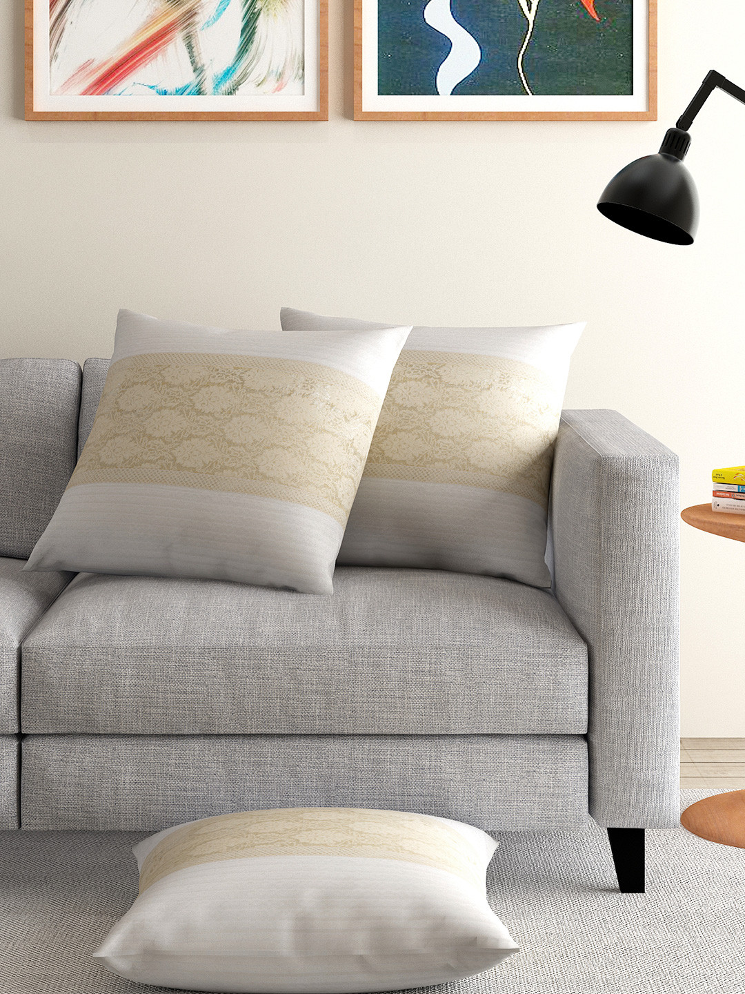 ANS Off-White Set of 3 Brocade Motif 16'' x 16'' Square Cushion Covers