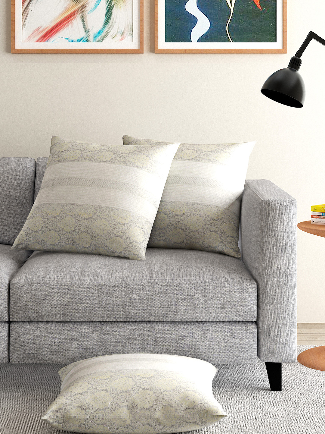 ANS Off-White & Silver-Coloured Set of 3 Brocade Motif 16'' x 16'' Square Cushion Covers