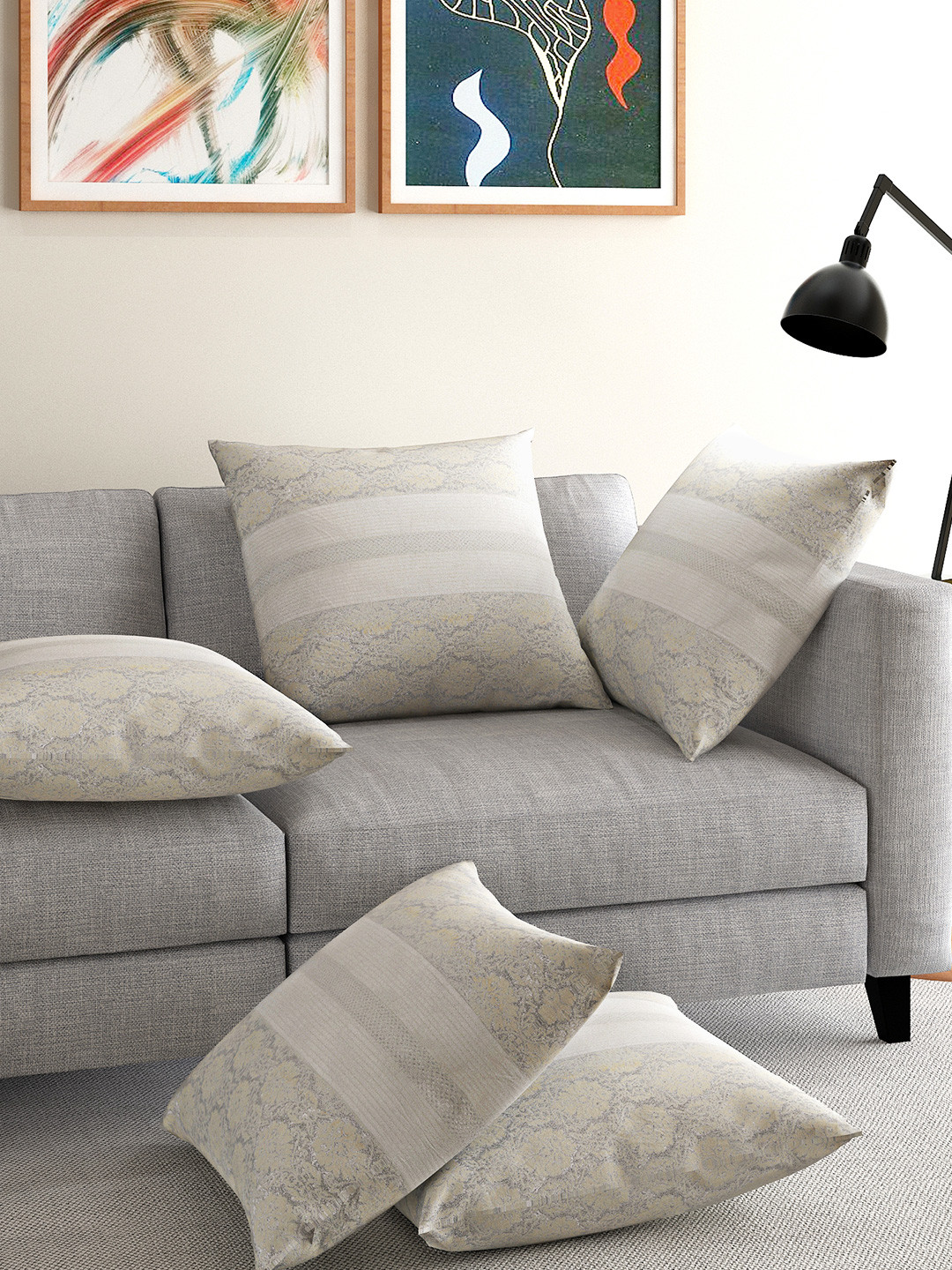 ANS Off-White & Silver-Coloured Set of 5 Brocade Motif 16'' x 16'' Square Cushion Covers