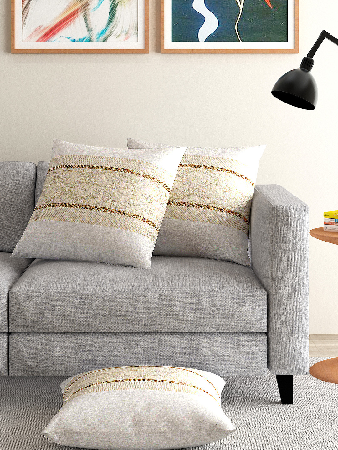 ANS Gold-Coloured Set of 3 Brocade Motif 16'' x 16'' Square Cushion Covers