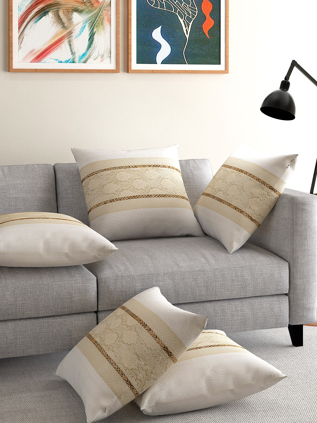 ANS Golden Set of 5 Brocade 16'' x 16'' Square Cushion Covers