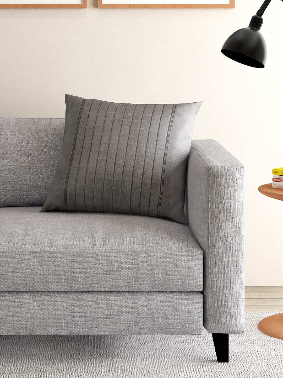 ANS Grey Checked Polysilk Lightly-Padded Textured Square Cushion Cover - 16 x 16 Inches